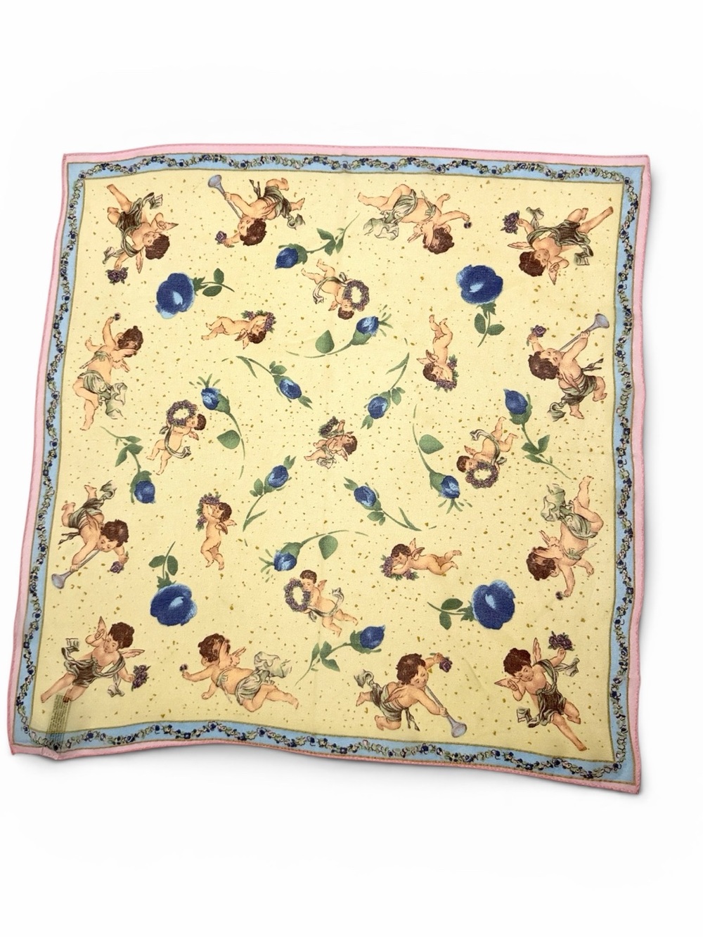 Elaine Gold Silk Georgette Scarf Cherub Cupid Angel Floral 20" Light Yellow Blue